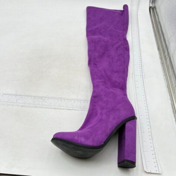 Women's Side Zipper Chunky Heel Knee High Boots Suede Long Boots Purple